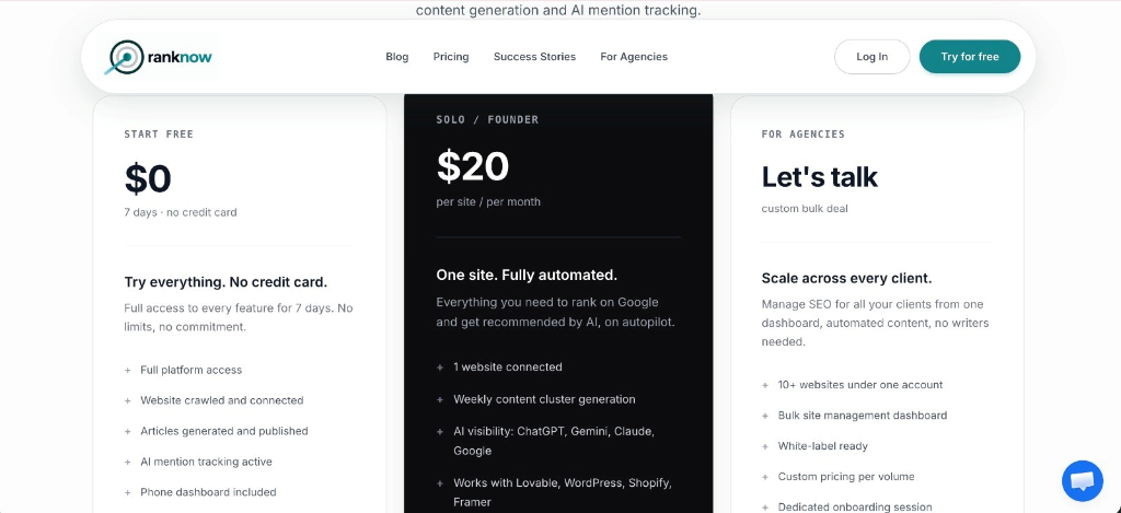 Ranknow pricing page screenshot